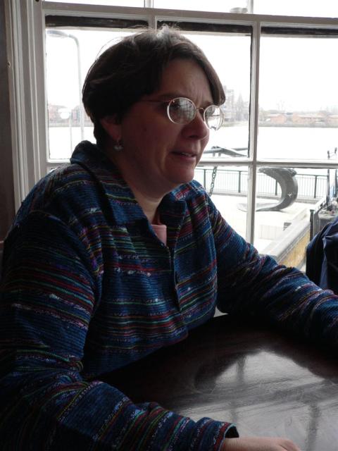 Anne at lunch in the Cutty Sark in Greenwich. An English Red Sox fan was at the next table.