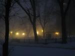 Spooky playground on a foggy night