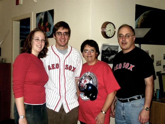 Tom's friend Ashley, Tom, Anne and Jim prepard to watch Game 1 of the World Series