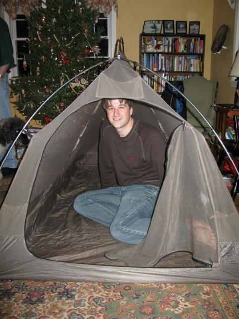 Bailey checks out his new tent