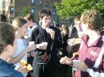 Amanda,Katie, John, Ronan and Marvin enjo the coffee and donuts before Tug-of-War