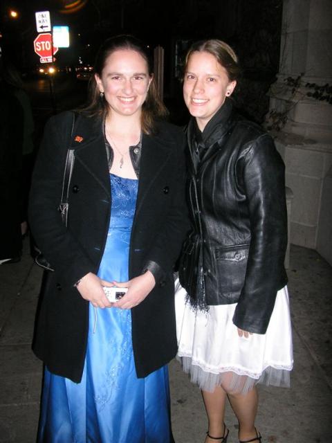 Alice and Carolyn waiting for the bus at Reynold's Club