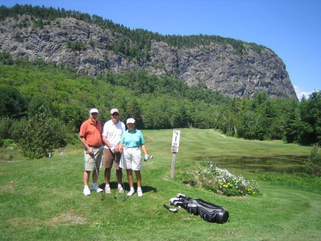 Jim, Tom and Anne on the first tee at Mt. Kineo