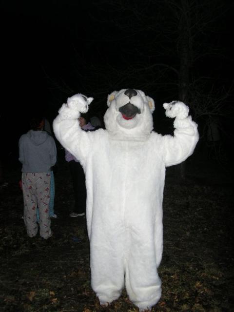 The Kuvia Polar Bear cheers the people on who are doing the Salute to the Sun