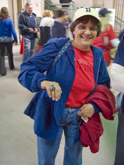 Anne trys on the World Series ring.