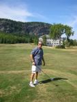 Mike teeing off on the ninth hole...anyone in the building on the right should look out!