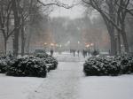 The main quads in the snow at dusk